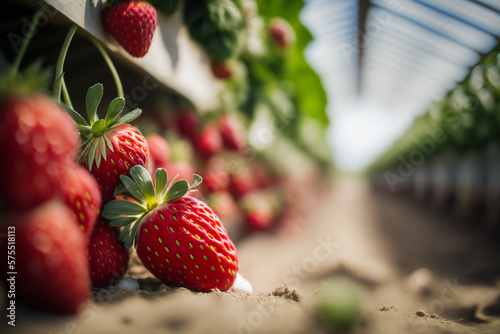 growing greenhouse red strawberry plantation. illustration Generative AI