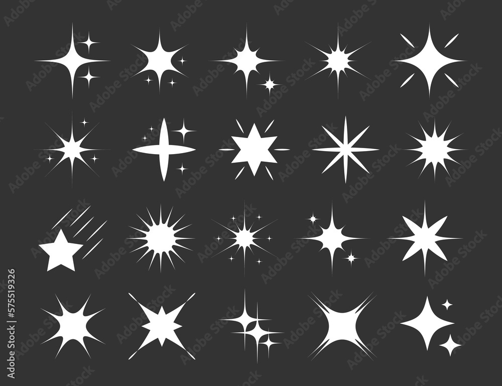 White sparkles symbols .The set of original stars sparkle icon. Bright firework, decoration twinkle, shiny flash. Glowing light effect stars and bursts collection White sparkles symbols .The set of original stars sparkle icon. Bright firework, decoration twinkle, shiny flash. Glowing light effect stars and bursts collection