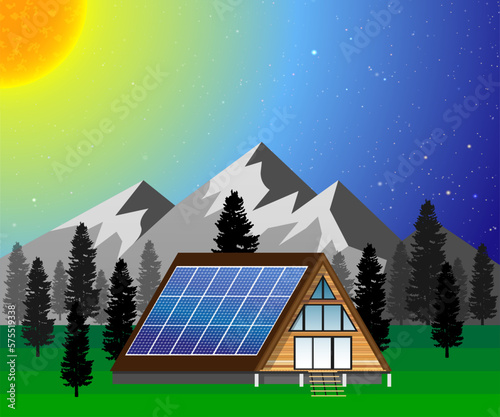 Cabin in the woods solar powered in the mountains illustration