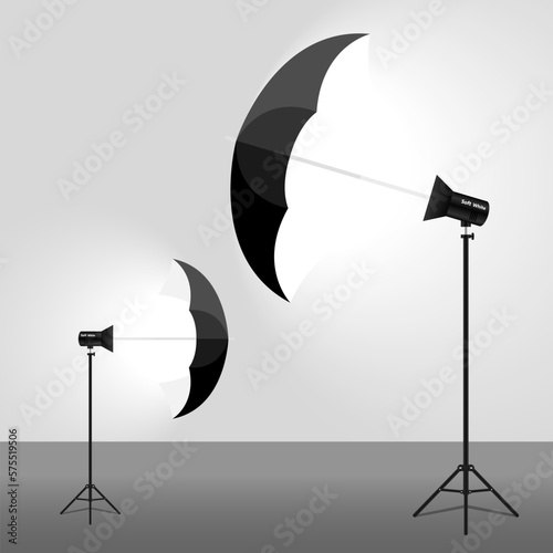 Black umbrella reflectors. Photo flash equipment. Vector illustration. Spotlight softbox.
