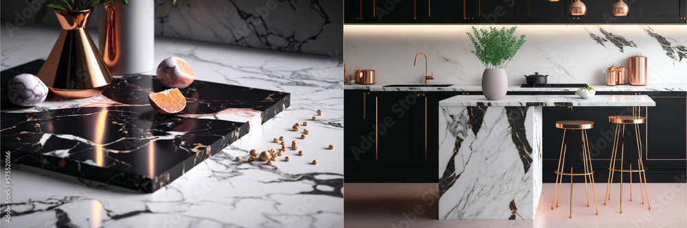 Set of 2 Elegant Modern White and Black Marble with Rose Gold Accents (Texture and Kitchen Background) Interior Design and Decoration by Generative A.I.