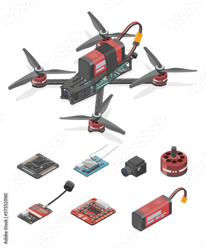 FPV Drone Racing freestyle RC Drone Parts Element DIY Pro sport flight Product system hobby Toys isometric isolated illustration on white 