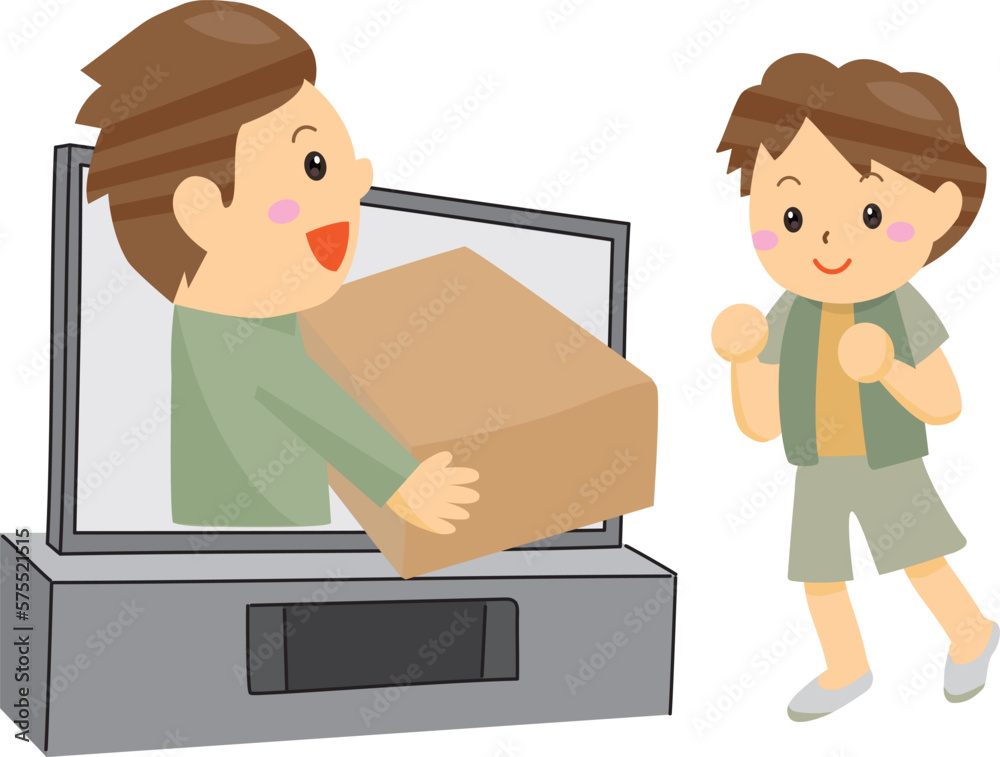 テレビから飛び出して大きな荷物を配達する男性と受け取る男の子
