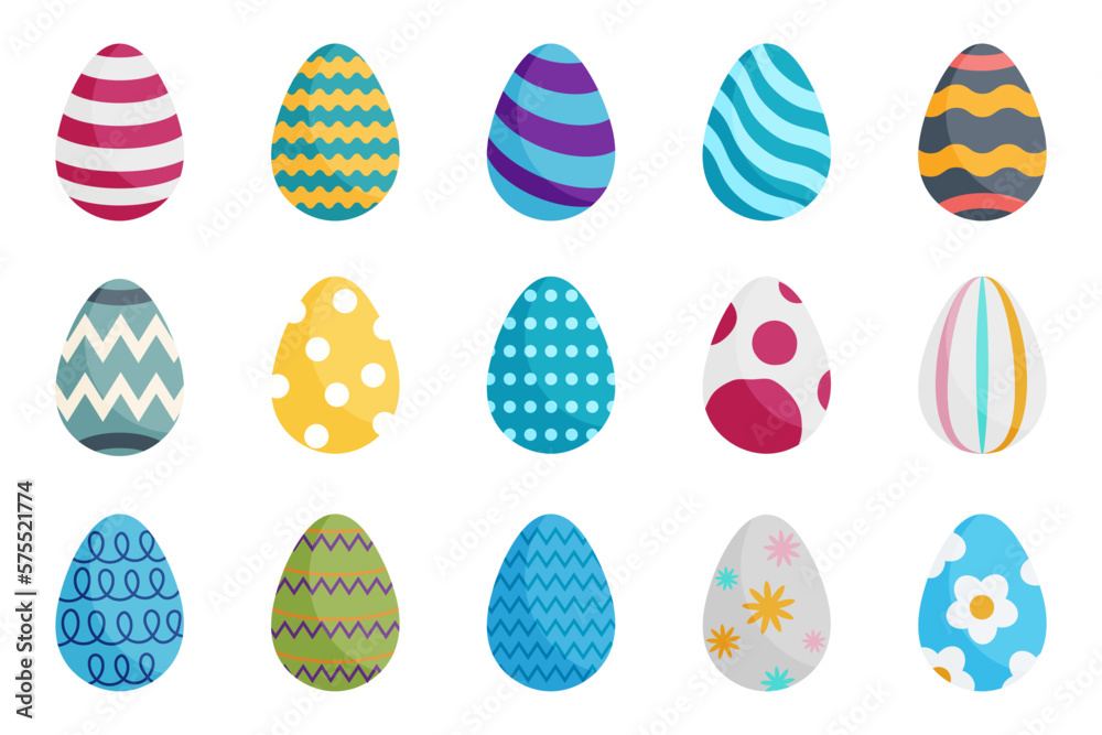 Happy Easter.  Easter Eggs Set Flat style with different texture, and motive.