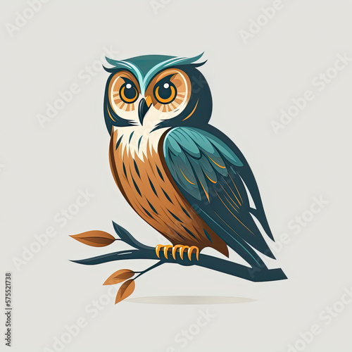 illustration of green and yellow owl sitting on a branch white background. Generative AI © Desinage