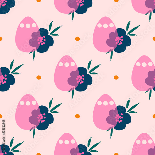 Easter seamless repeating pattern with pink eggs, flowers and dots. Background or texture for fabric, wallpaper, textile, apparel, wrapping, scrapbooking, tags, cover, cards, invitation