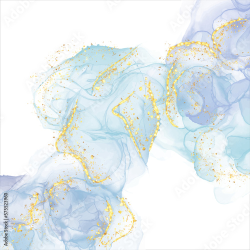 Beautiful liquid marble watercolor background with white gold glitter lines and brush stains. Teal turquoise marbled alcohol ink drawing effect. Vector illustration
