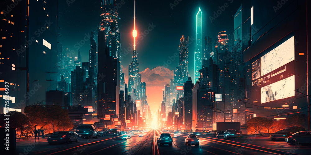 Bustling cityscapes at night, with glowing lights and towering buildings Generative AI