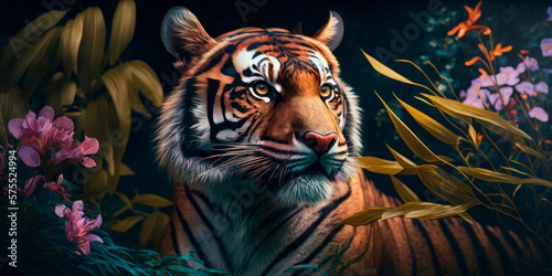 A tiger with orchids in the background Generative AI