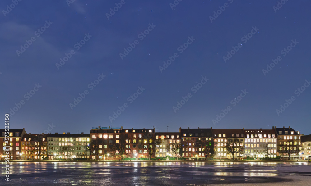 House on the Embankment. Starry sky. Copenhagen, Denmark