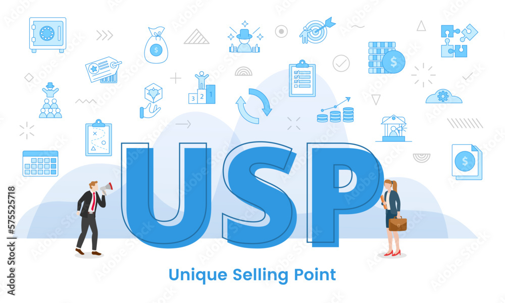 usp unique selling point concept with big words and people surrounded by related icon with blue color style