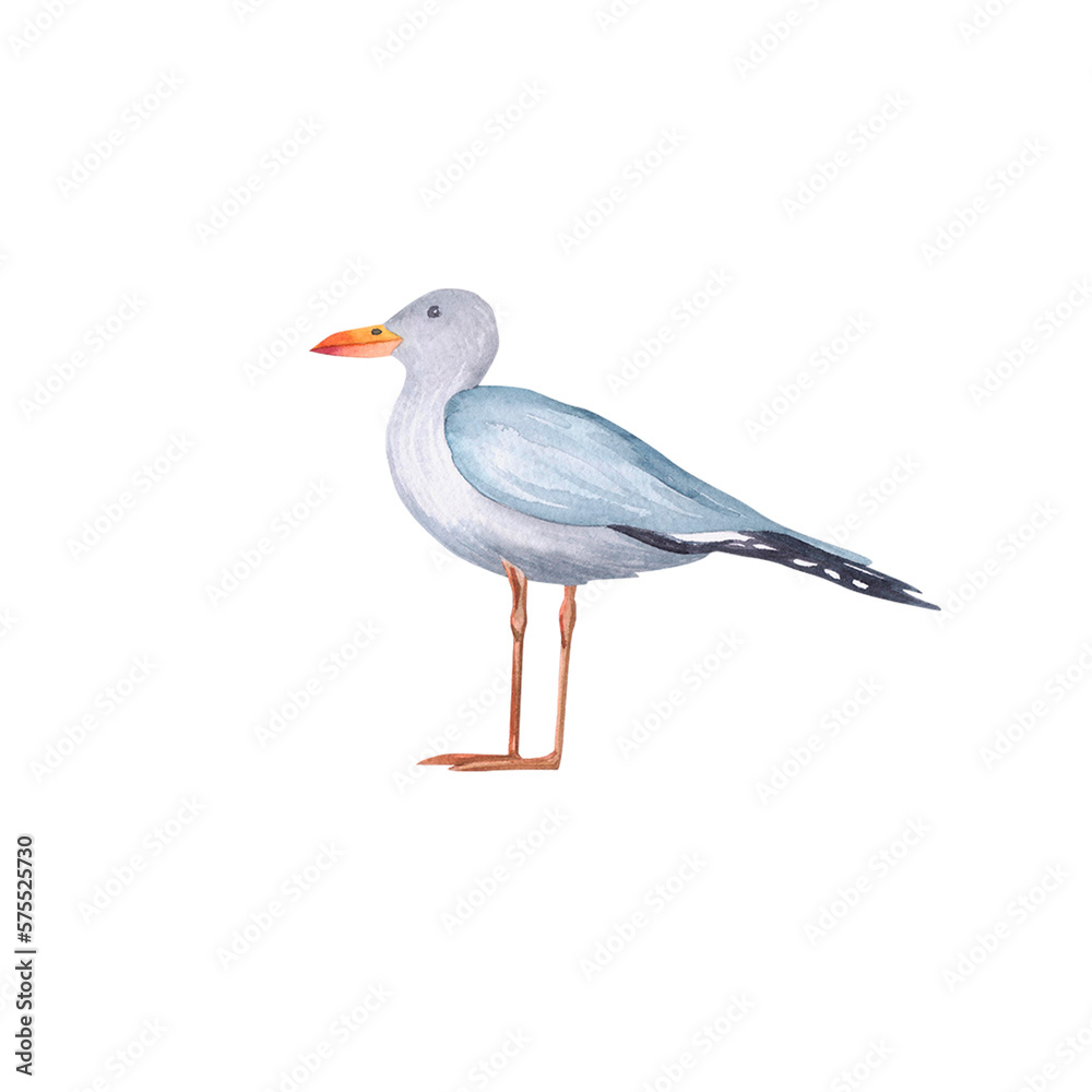 Fototapeta premium Seagull watercolor illustration. Hand painted card with norwegian house isolated on white background.