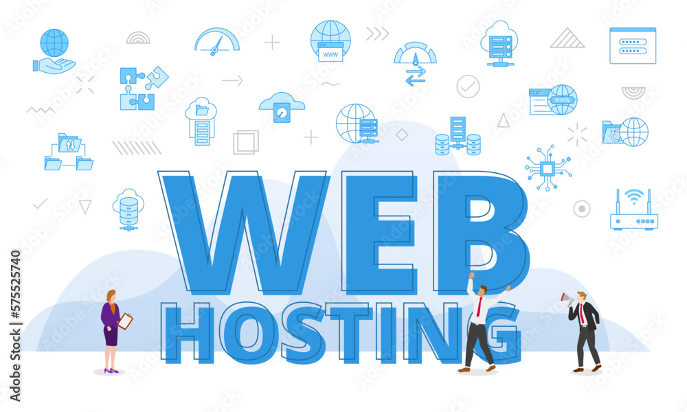 web or website hosting concept with big words and people surrounded by related icon with blue color style web or website hosting concept with big words and people surrounded by related icon with blue color style