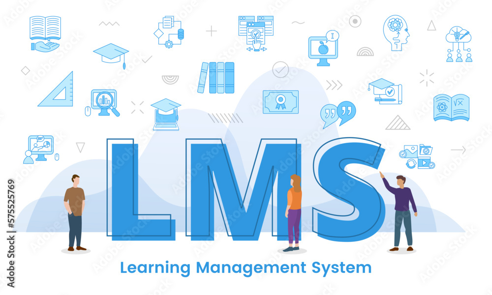 lms learning management system concept with big words and people surrounded by related icon with blue color style lms learning management system concept with big words and people surrounded by related icon with blue color style