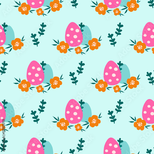 Easter seamless repeating pattern with pink dotted eggs, flowers leaves dots. Background or texture for fabric, wallpaper, textile, apparel, wrapping, scrapbooking, tags, cover, cards, invitation