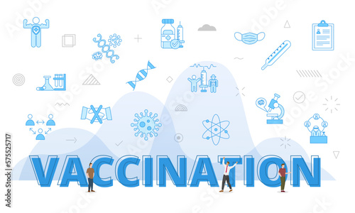 vaccination concept with big words and people surrounded by related icon with blue color style