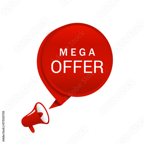 Megaphone with mega offer banner speech bubble. Discount concept. Vector illustration on white background.