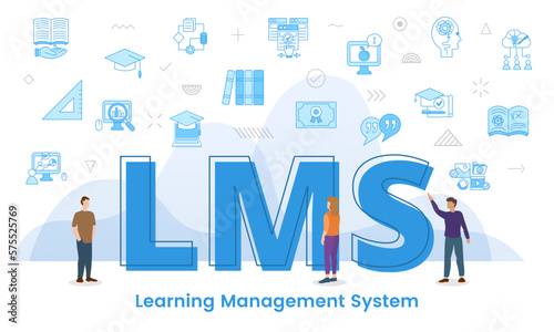 lms learning management system concept with big words and people surrounded by related icon with blue color style