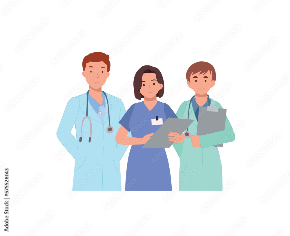 Healthcare medicine and doctors concept. Group of hospital medical staff standing together. Male and female medicine workers. Flat vector illustration