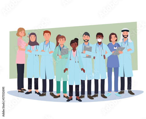 diverse Doctors characters set. Group of hospital medical staff standing together. Male and female medicine workers. Flat vector illustration