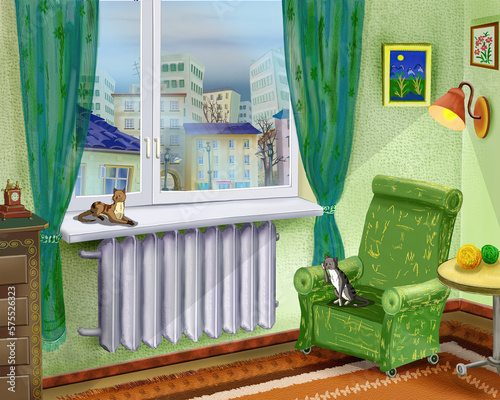 Domestic cats in a room illustration