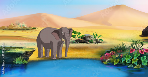 African elephant near a pond illustration