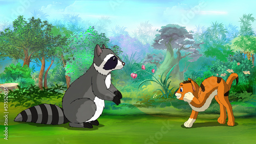 Raccoon and cat in nature illustration