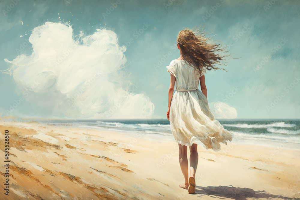 Young woman walks on beach alone, girl wearing white dress by sea, generative AI, painting style - obrazy, fototapety, plakaty 