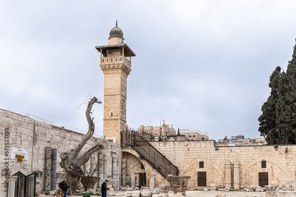 The  Al Aqsa library and the Minaret over the Islamic Museum on Temple Mount in the Old Town of Jerusalem in Israel