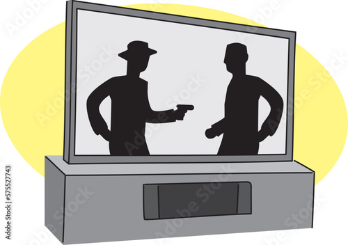 シンプルで大きなテレビの液晶画面に映る銃を向ける男性のイラスト