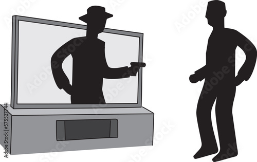 シンプルで大きなテレビの液晶画面に映る銃を向ける男性のイラスト