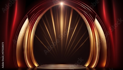 Red Maroon Golden Curtain Stage Award Background. Trophy on Red Carpet Luxury Background. Generative ai