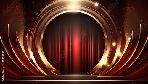 Red Maroon Golden Curtain Stage Award Background. Trophy on Red Carpet Luxury Background. Generative ai