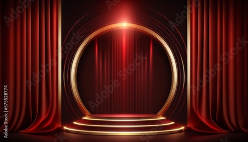 Red Maroon Golden Curtain Stage Award Background. Trophy on Red Carpet Luxury Background. Generative ai