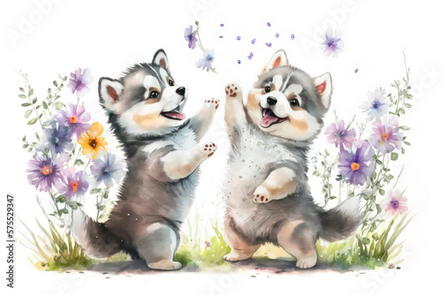 Two smiling husky puppies dancing with spring flowers in a garden. Digital watercolor cartoon over generative ai. © Pixel Cat