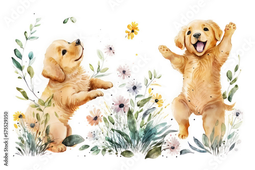 Two smiling golden retriever puppies dancing in a spring flower garden. Digital watercolor cartoon over generative ai.