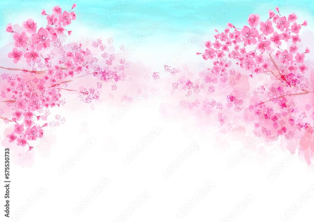 桜の並木道　手描き水彩風背景イラスト