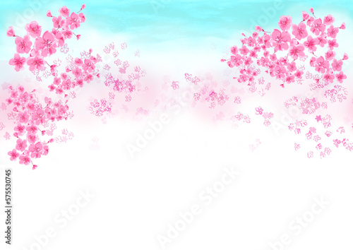 桜の並木道 手描き水彩風背景イラスト