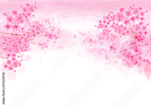 桜の並木道　手描き水彩風背景イラスト