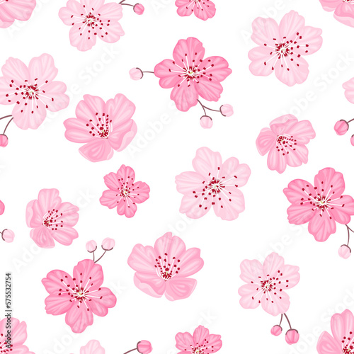 Blossoming cherry seamless pattern. Floral spring background. Vector illustration of sakura pink flowers in cartoon style.