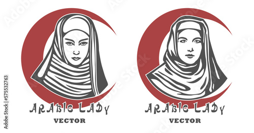 Vector set of beautiful women in hijabs with open cute face and red crescent moon. Arabic lady. Logo, emblem or sticker on a white background.