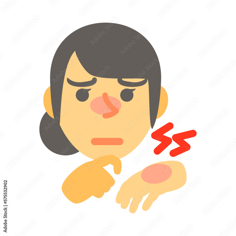 皮膚が痒いアジア人女性の顔。フラットなベクターイラスト。 An Asian female’s face with itchy skin. Flat designed vector illustration. 皮膚が痒いアジア人女性の顔。フラットなベクターイラスト。 An Asian female’s face with itchy skin. Flat designed vector illustration.