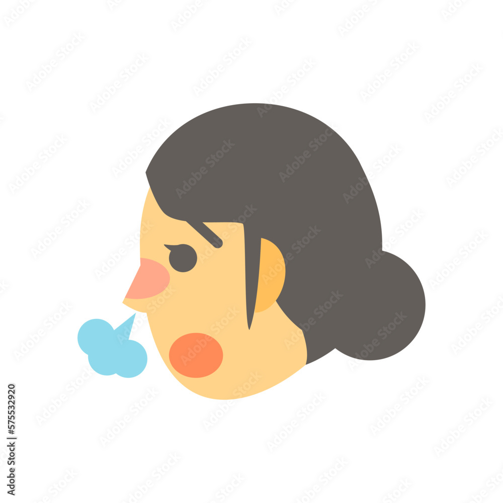 鼻づまりを起こしているアジア人女性の顔。フラットなベクターイラスト。 An Asian female's face with a stuffy nose. Flat designed vector illustration.