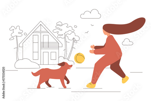 Day of happiness. National Puppy Day. Dog Day. Walking and playing with a dog. Vector artwork