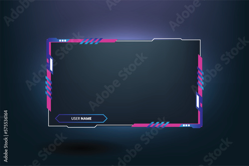 Simple futuristic gaming screen panel vector with abstract shapes. Online game streaming overlay and user interface design with pink and blue colors. Metallic gaming overlay panel vector.