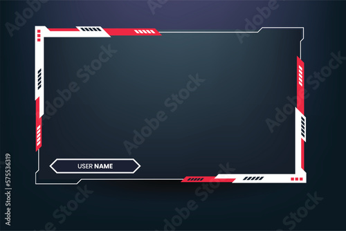 Gamer broadcast screen panel decoration with red and white colors. Futuristic gaming screen interface design for live gamers. Abstract streaming overlay and screen border template vector.