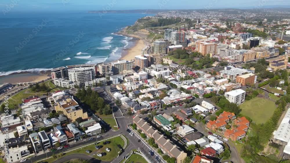 Aerial drone view along the coastal town of Newcastle, NSW, Australia on a sunny day Aerial drone view along the coastal town of Newcastle, NSW, Australia on a sunny day