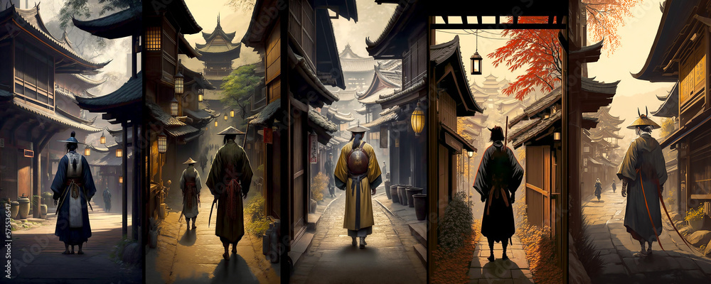 Japanese landscape, Edo period, Samurai, Ancient capital, Kyoto, Illustration set, Generated by AI