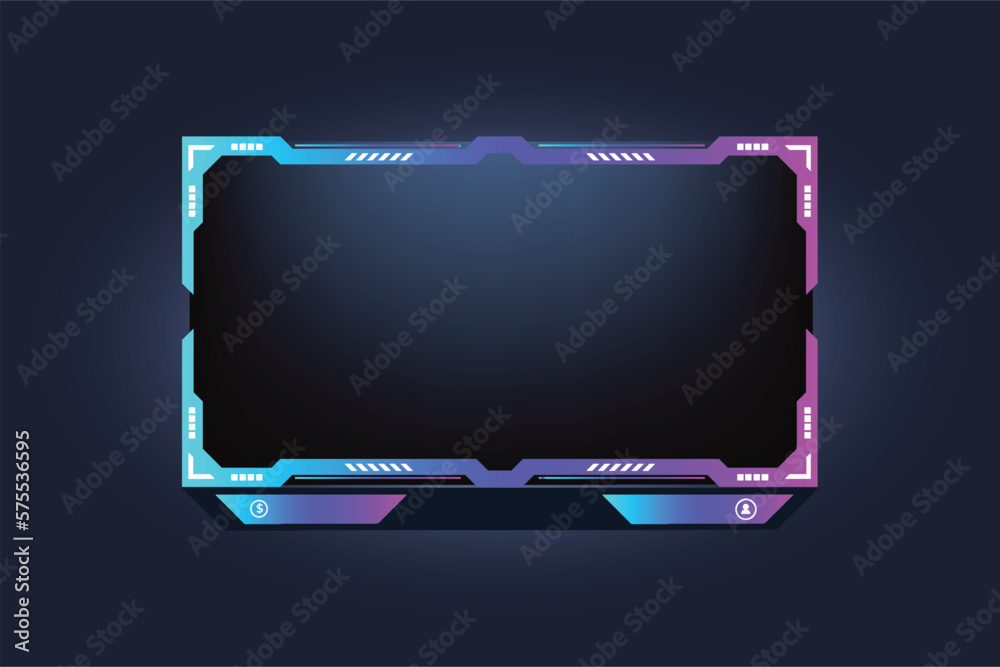 Live streaming and streaming icon design with buttons. Broadcast screen overlay design with blue and purple colors. Futuristic online gaming overlay button vector with digital abstract shapes. - obrazy, fototapety, plakaty 