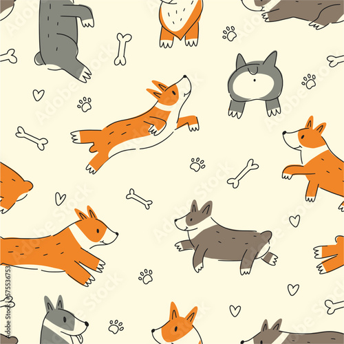 Vector pattern of a corgi breed dog hand-drawn in the style of a doodle